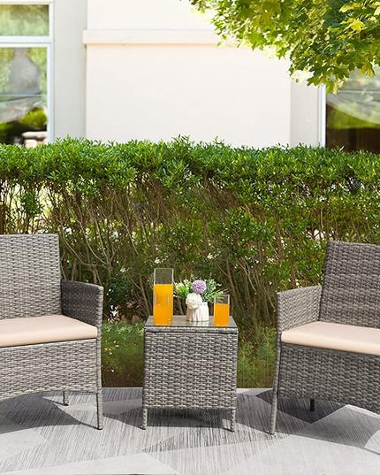 Greesum 3 Pieces Patio Furniture Sets Outdoor PE Rattan Wicker Chairs with Soft Cushion and Glass Coffee Table for Garden Backyard Porch Poolside, Gray and Beige - LeafyLoom