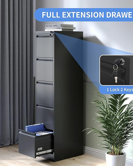 5 Drawer Vertical File Cabinet with Lock, File Cabinet for Home Office, Locking File Cabinet Hanging Files for A4/ Legal/Letter(Require Assembly, Black) - LeafyLoom
