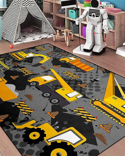 Construction Rugs for Boys Room Play Rug for Cars and Trucks Car Rug Play Mat Kids Rugs for Playroom Car Rug for Boys Room Construction Decor for Boys Room,Grey 4'5''×6' - LeafyLoom