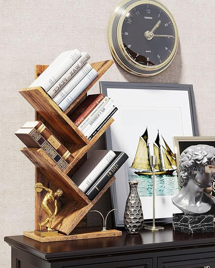 YMYNY 4 Tier Tree Bookshelf, Small Bookcase, Modern Wood Book Storage Rack, Freestanding Book shelf for Books/Movies/CDs, Narrow Display Rack for Living Room, Home Office, Rustic Brown UHBC014H - LeafyLoom
