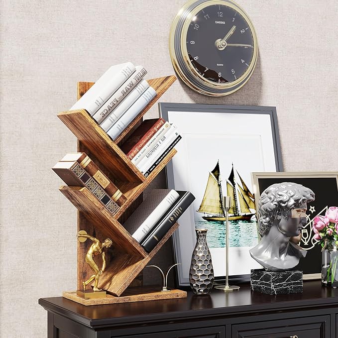 YMYNY 4 Tier Tree Bookshelf, Small Bookcase, Modern Wood Book Storage Rack, Freestanding Book shelf for Books/Movies/CDs, Narrow Display Rack for Living Room, Home Office, Rustic Brown UHBC014H - LeafyLoom
