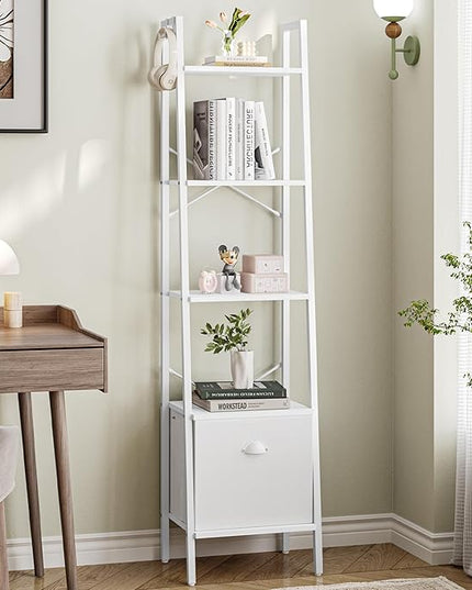 Narrow Bookshelf Bookcase with Drawer, Ladder Shelf with 2 Hooks, Bookshelves Storage Organizer, Freestanding Display Standing for Home Office, Bedroom, 5 Tier White BC19513W - LeafyLoom