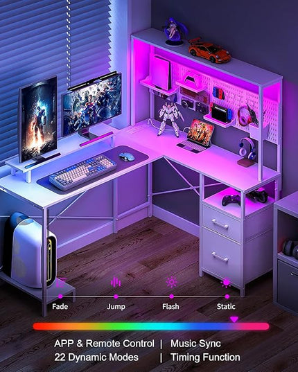 Yoobure L Shaped Desk with Pegboard, Reversible Gaming Desk with LED Lights & Power Outlets, Computer Desk with Drawers & Storage Shelves, Office Desk with Monitor Stand Corner Desk Home Office Desks - LeafyLoom