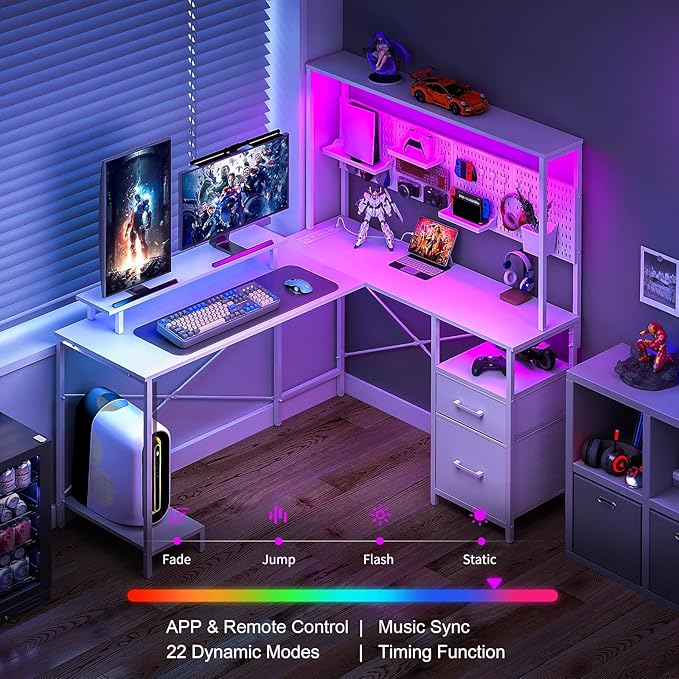 Yoobure L Shaped Desk with Pegboard, Reversible Gaming Desk with LED Lights & Power Outlets, Computer Desk with Drawers & Storage Shelves, Office Desk with Monitor Stand Corner Desk Home Office Desks - LeafyLoom