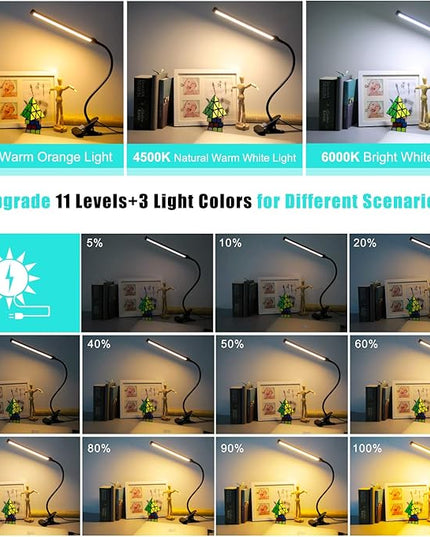 Morw Winmor Led Clip On Desk Lamp,3 Color 11 Brightness,64 LED 10W Book Reading Light,USB Plug,Stepless Dimmer Auto Off,Clamp Desk Lights for Bedside Computer Home Office - LeafyLoom