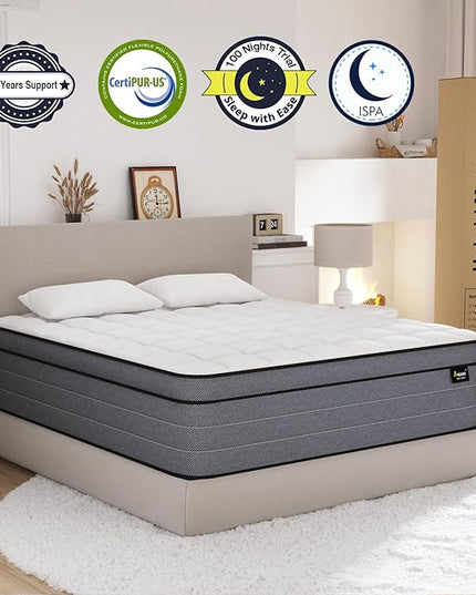 Firm King Size Mattress, 12 Inch Hybrid Mattress King Size with Gel Memory Foam and Pocket Springs, King Mattress in a Box, Pressure Relief and Upgraded Support, Breathable & Cooling Farbic - LeafyLoom