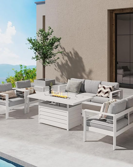 Wisteria Lane Aluminum Patio Furniture Set, 5 Piece Metal Outdoor Furniture Set with CSA Certified 54in Propane Gas Fire Pit Table, Patio Conversation Set with 5in Olefin Cover Cushions (White) - LeafyLoom