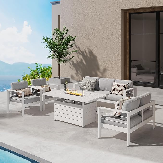 Wisteria Lane Aluminum Patio Furniture Set, 5 Piece Metal Outdoor Furniture Set with CSA Certified 54in Propane Gas Fire Pit Table, Patio Conversation Set with 5in Olefin Cover Cushions (White) - LeafyLoom