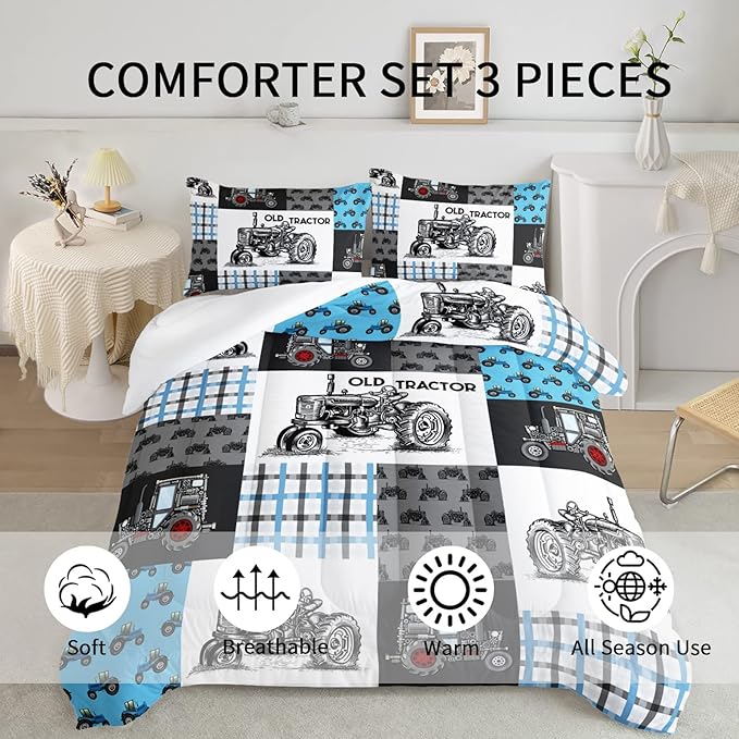 Axolotl Tractor Comforter Set Twin Size,Cartoon Truck Car Comforter Set for Boys,Farm Excavator Bedding Set with Old Tractor for Kids Boys Teens Adult All Season,1 Quilt 2 Pillowcases - LeafyLoom