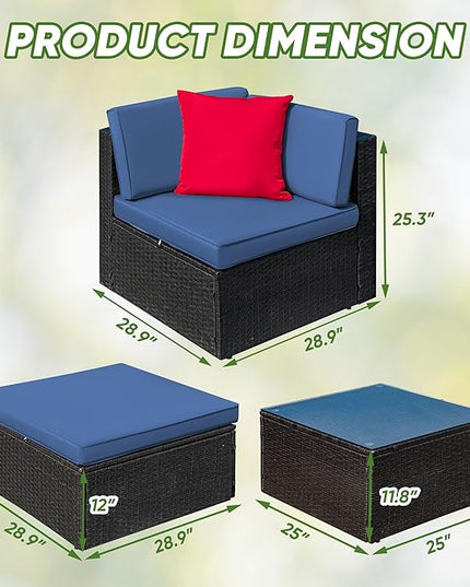 Greesum 3 Piece Patio Conversation Set Wicker Rattan Furniture Outdoor Sofa with Cushions,Pillows & Glass Table for Porch,Lawn and Yard, Dark Blue - LeafyLoom