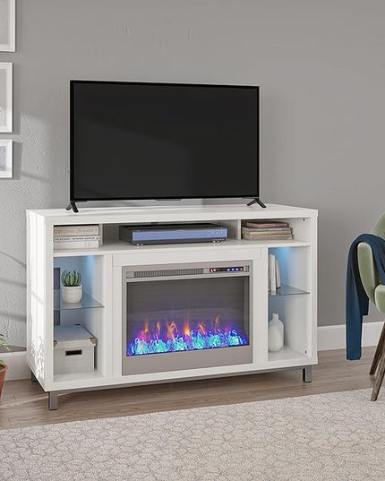 Ameriwood Home Lumina Fireplace TV Stand for TVs up to 48 Inch, Replaceable Electric Fireplace Insert Heater, Remote Control, Timer, Color Changing LED Lights, Crystal Ember Flames, White - LeafyLoom