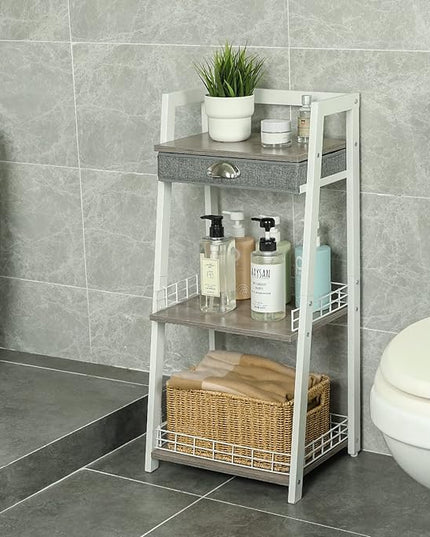 keomaisyto 3-Tier Bathroom Ladder Shelf, Floor Storage Shelf with Drawer, Freestanding Open Tower Shelving Unit for Bathroom Living Room Balcony（White） - LeafyLoom