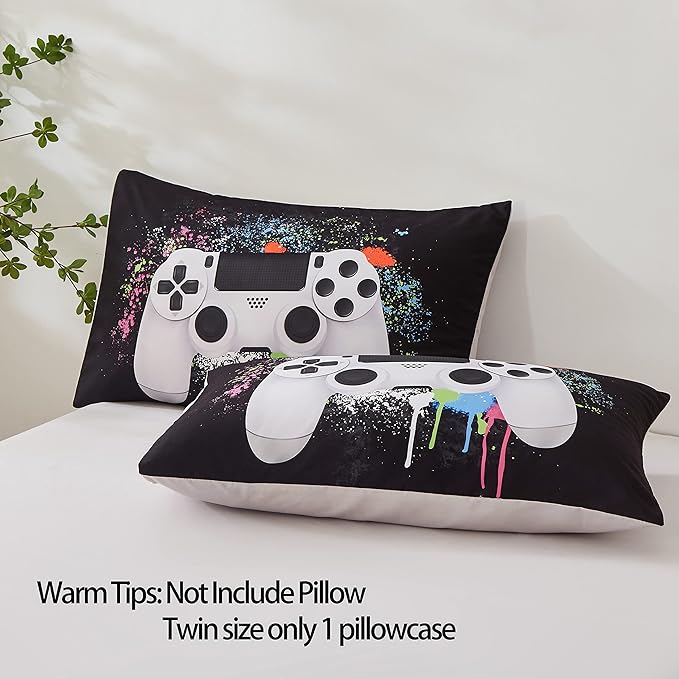 Gamer Bedding Sets for Boys, Full Size 3-Piece Gaming Comforter Sets for Kids Teens, Soft Microfiber Video Game Bedding Sets for Game Lovers, 1 Comforter and 2 Pillowcase(White,Full) - LeafyLoom