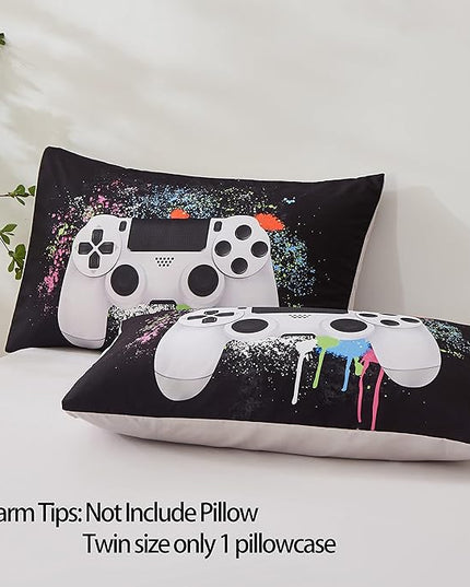Gamer Bedding Sets for Boys, Queen Size 3-Piece Gaming Comforter Sets for Kids Teens, Soft Microfiber Video Game Bedding Sets for Game Lovers, 1 Comforter and 2 Pillowcase(White,Queen) - LeafyLoom