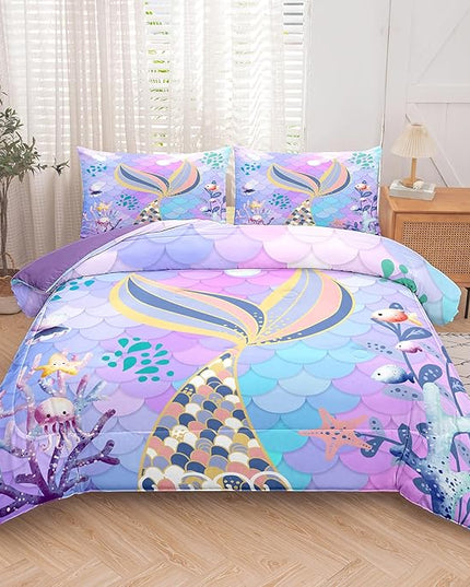 NINENINE Mermaid Tail Bedding Sets,Teal Purple Mermaid Comforter Set for Kids,Full Size Comforter Sets for Girls,Colorful Glitter Bedding Set with 1 Comforter 2Pillowcases… - LeafyLoom