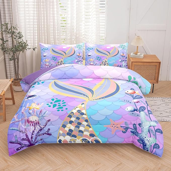 NINENINE Mermaid Tail Bedding Sets,Teal Purple Mermaid Comforter Set for Kids,Full Size Comforter Sets for Girls,Colorful Glitter Bedding Set with 1 Comforter 2Pillowcases… - LeafyLoom