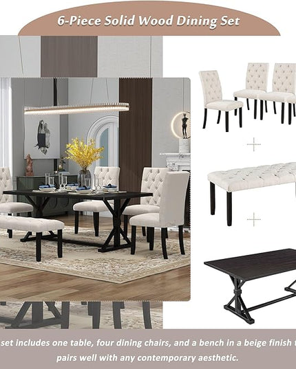 6-Piece Farmhouse Rectangular 72" Wood Dining Table Set with 4 Upholstered Chairs and a Bench, Easy to Assemble, for Kitchen, Home Bar & Living Room, Espresso+Beige-1 - LeafyLoom