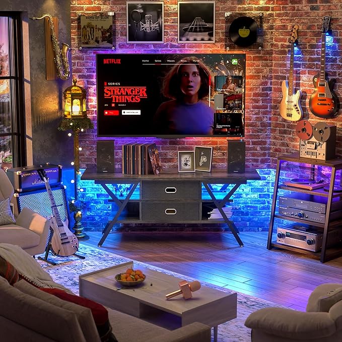 TV Stand for 55''/65'' TV - LED TV Stands with Power Outlets for Living Room, TV Entertainment Center with Storage, Modern Gaming TV Stand with Drawers for Bedroom, Entertainment Stand 55 Inch, Gray - LeafyLoom