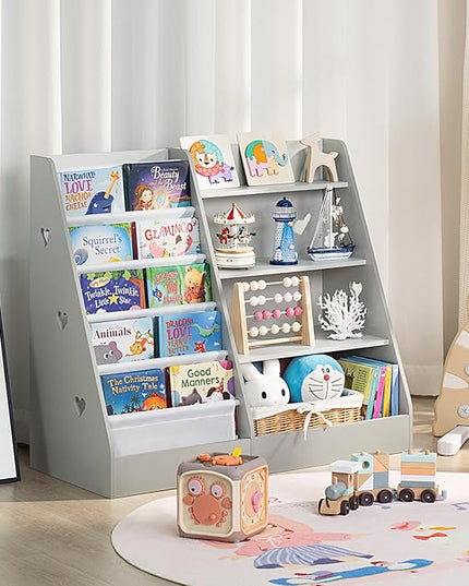 Lerliuo 4 Tier Kids Bookshelf and Storage Organizer, Five Layer Sling Children Bookcase, Baby Toddler Wooden Book Shelf, Display Cabinet for Playroom, Bedroom, Classroom, Nursery, School (Grey) - LeafyLoom