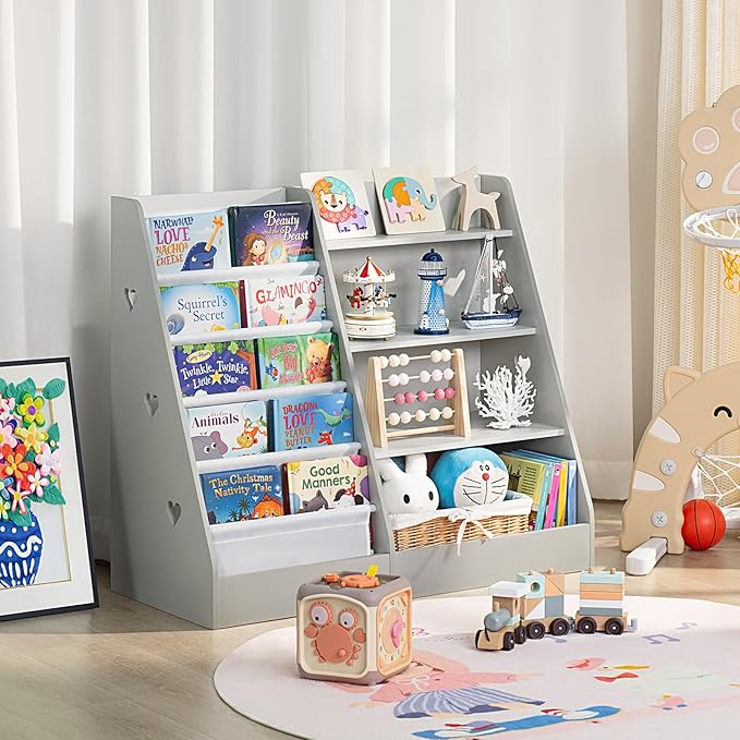 Lerliuo 4 Tier Kids Bookshelf and Storage Organizer, Five Layer Sling Children Bookcase, Baby Toddler Wooden Book Shelf, Display Cabinet for Playroom, Bedroom, Classroom, Nursery, School (Grey) - LeafyLoom