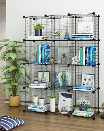 TUMUCUTE Wire Storage Cubes, Metal Storage Shelves Bookshelf, Stackable Modular Closet Organizer for Bedroom Living Room, Office, Black (12 Cubes, Iron) - LeafyLoom