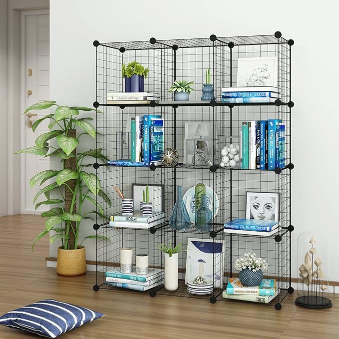TUMUCUTE Wire Storage Cubes, Metal Storage Shelves Bookshelf, Stackable Modular Closet Organizer for Bedroom Living Room, Office, Black (12 Cubes, Iron) - LeafyLoom