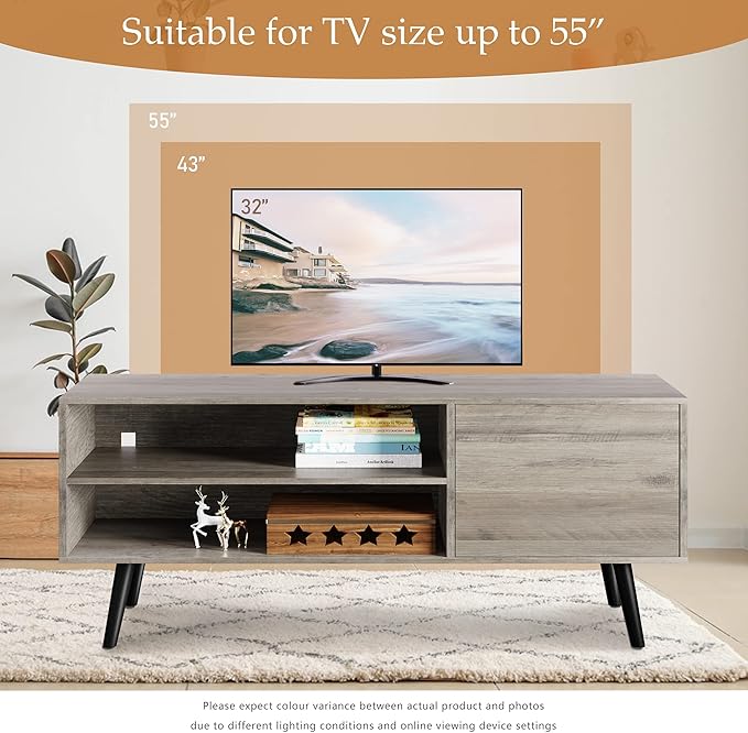 Shintenchi Mid Century Modern TV Stand for TVs up to 55 inches, Wood TV Console Table Media Cabinet with Storage, Entertainment Center for Living Room Bedroom,Grey - LeafyLoom