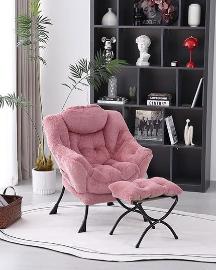 Lazy Chair with Ottoman, Modern Accent Chair Contemporary Lounge Leisure Upholstered Sofa Chair Set with Armrests, Reading Chair for Living Room, Bedroom, Office, Plush Dark Pink - LeafyLoom
