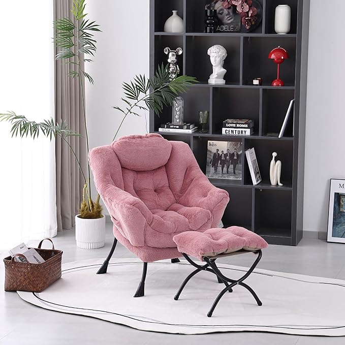 Lazy Chair with Ottoman, Modern Accent Chair Contemporary Lounge Leisure Upholstered Sofa Chair Set with Armrests, Reading Chair for Living Room, Bedroom, Office, Plush Dark Pink - LeafyLoom