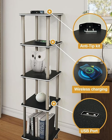Kekeou RGBCW Floor Lamp with Shelves Tall Lamp Music Sync APP Control Standing Lamp with Wireless Charger & USB Port Color Changing Lamp with Shelves Work with Alexa Black 5 Tier - LeafyLoom