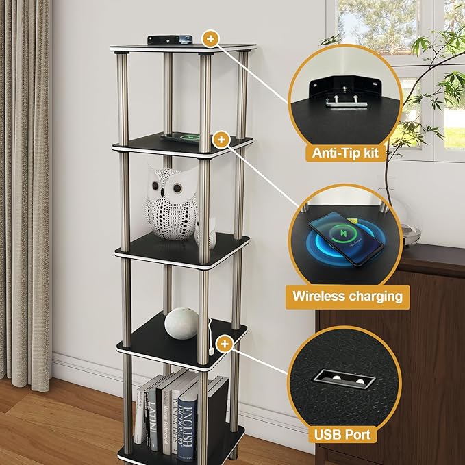 Kekeou RGBCW Floor Lamp with Shelves Tall Lamp Music Sync APP Control Standing Lamp with Wireless Charger & USB Port Color Changing Lamp with Shelves Work with Alexa Black 5 Tier - LeafyLoom