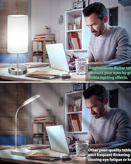 Set of 2 Touch Control Table Lamps with 2 USB Charging Ports&AC Outlet, 3-Way Dimmable Bedside Nightstand Lamps with White Fabric Lampshade for Reading, Bedroom, Living Room, A19 LED Bulbs Included - LeafyLoom