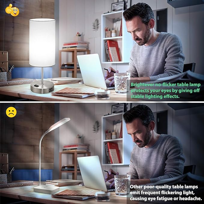 Set of 2 Touch Control Table Lamps with 2 USB Charging Ports&AC Outlet, 3-Way Dimmable Bedside Nightstand Lamps with White Fabric Lampshade for Reading, Bedroom, Living Room, A19 LED Bulbs Included - LeafyLoom