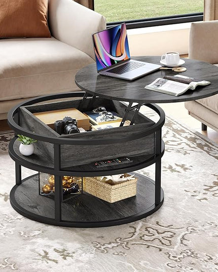 DWVO Round Coffee Tables for Living Room,Lift Top Coffee Table with Storage, Farmhouse Wood Coffee Table,Circle Coffee Tables Living Room for Home Office,Grey - LeafyLoom