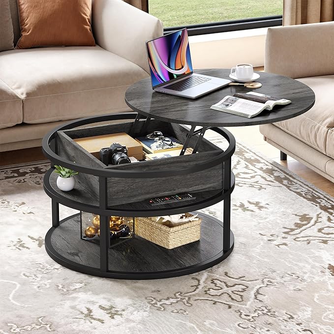 DWVO Round Coffee Tables for Living Room,Lift Top Coffee Table with Storage, Farmhouse Wood Coffee Table,Circle Coffee Tables Living Room for Home Office,Grey - LeafyLoom