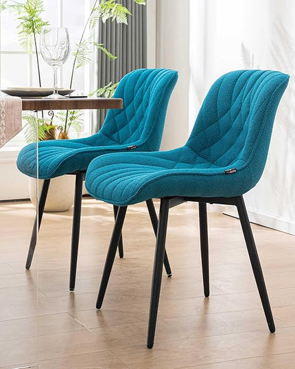 Velvet Dining Chairs Set of 2, Boucle Upholstered Dining Room Chairs with Curved Backrest for Kitchen Living Room Dining Room, Teal - LeafyLoom