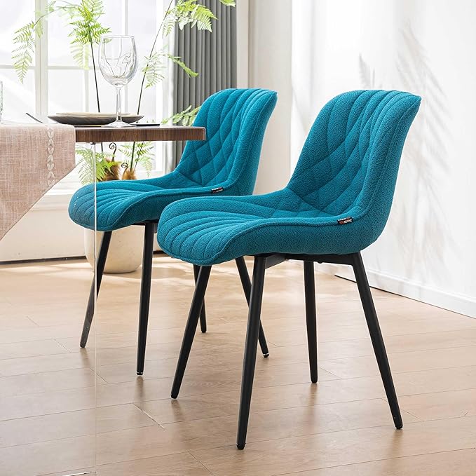 Velvet Dining Chairs Set of 2, Boucle Upholstered Dining Room Chairs with Curved Backrest for Kitchen Living Room Dining Room, Teal - LeafyLoom