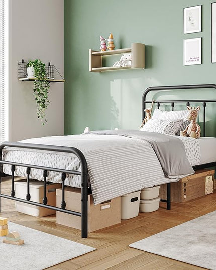 Vintage Twin Size Bed Frame with Headboard and Footboard Mattress Heavy Duty Metal Platform, Steel Slat Support (Twin, Black Sanded) - LeafyLoom