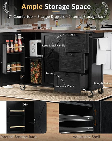 54.5" Farmhouse Island with Power Outlet & Drop Leaf, Rolling Kitchen Cart on Wheels w/Internal Storage, Spice, Towel Rack and Drawers, for Home, Dining Room, Black, 54.5 Inch - LeafyLoom