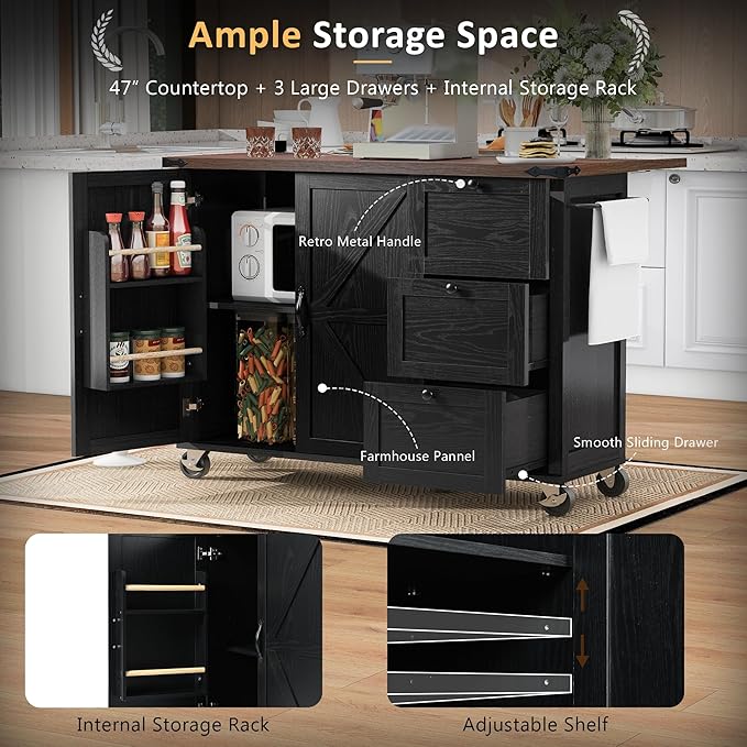 54.5" Farmhouse Island with Power Outlet & Drop Leaf, Rolling Kitchen Cart on Wheels w/Internal Storage, Spice, Towel Rack and Drawers, for Home, Dining Room, Black, 54.5 Inch - LeafyLoom