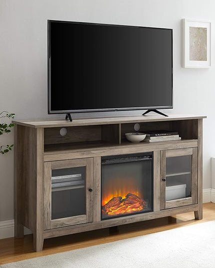 Walker Edison Glenwood Rustic Farmhouse Glass Door Highboy Fireplace TV Stand for TVs up to 65 Inches, 58 Inch, Grey Wash - LeafyLoom