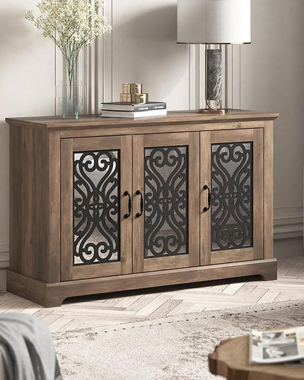 Galano Calidia 3 Door Sideboard, Kitchen Storage Sideboard Buffet Cabinet Console with Acrylic Mirror Doors & Adjustable Shelves, 15.67" D x 45.71" W x 29.29" H, Knotty Oak - LeafyLoom