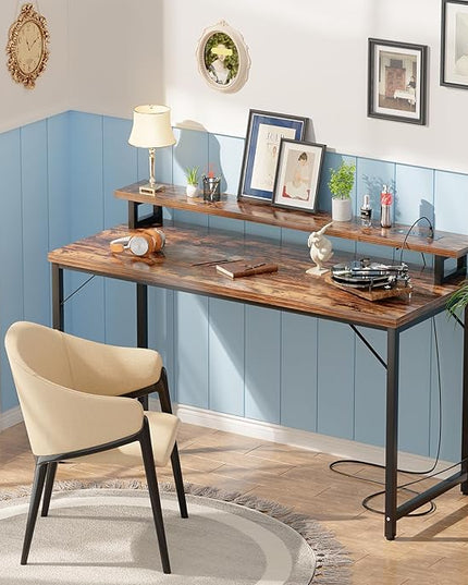 47 inch Computer Desk with Power Outlets, Gaming desk with LED Lights, Home Office Work Desk with Monitor Shelf, Modern Office Desk Study Writing Table for Small Spaces, Rustic Brown - LeafyLoom