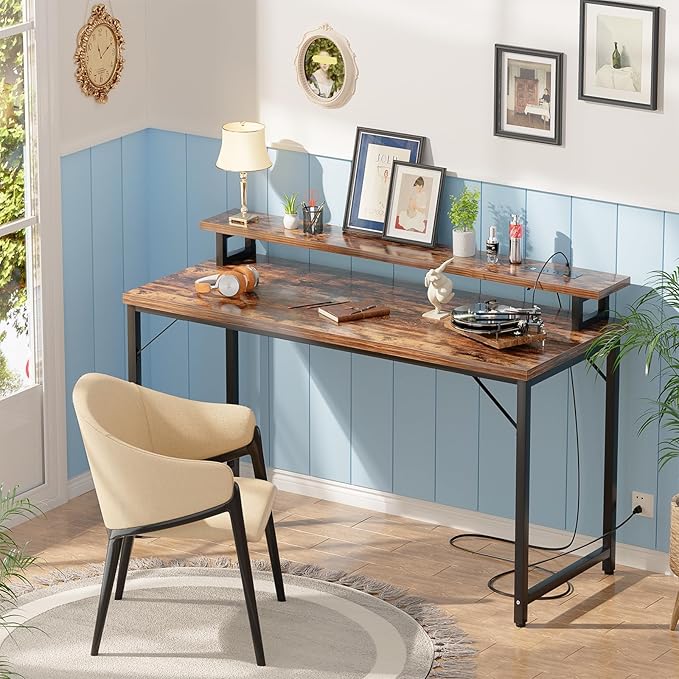 47 inch Computer Desk with Power Outlets, Gaming desk with LED Lights, Home Office Work Desk with Monitor Shelf, Modern Office Desk Study Writing Table for Small Spaces, Rustic Brown - LeafyLoom