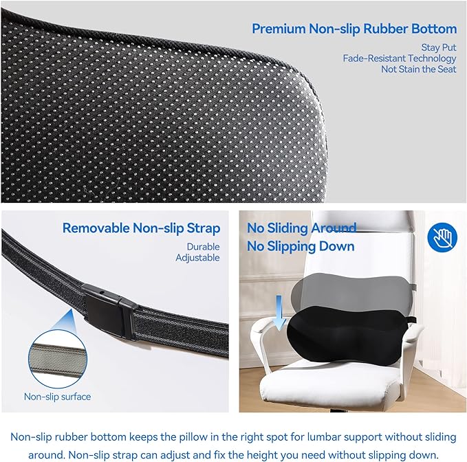 Lumbar Support Pillow – Memory Foam Lumbar Pillow for Lower Back Support, Back Cushion with Strap for Pain Relief, Perfect Lumbar Support Pillow for Office Chair, Car Seat, Bed, Recliner - LeafyLoom