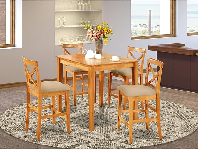 East West Furniture Pub 5 Piece Counter Height Set Includes a Square Dinette Table and 4 Linen Fabric Kitchen Dining Chairs, 36x36 Inch, Oak - LeafyLoom