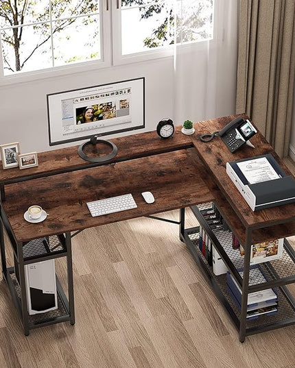 Tribesigns L Shaped Desk with Storage and Monitor Stand, Industrial Home Office Computer Desk with Storage Shelves, 59 Inch Corner Desk with Monitor Shelf(Brown) - LeafyLoom