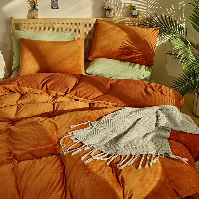 Wellboo Rust Caramel Fluffy Comforters Full Women Burnt Orange Velvet Bedding Comforter Sets Cotton Modern Solid Terracotta Flannel Quilts Girls Plain Reddish Plush Aesthetic Bed Quilts Shaggy Fur Bed - LeafyLoom