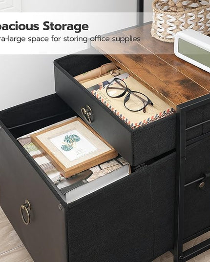 HOOBRO 2-Drawer File Cabinet, Filing Cabinet with Charging Station, Vertical Office Cabinet with Open Storage Shelf, Printer Stand, A4/Letter Size, Nonwovens Drawer, Rustic Brown and Black BFK23UWJ01 - LeafyLoom