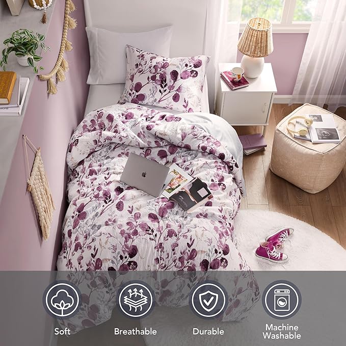 Codi Floral Twin Comforter Set for Teen Girls, Spring Lavender Bedding Sets with Soft Seersucker 2pcs - 1 Flower Comforters and 1 Pillows Case, Lilac Purple - LeafyLoom